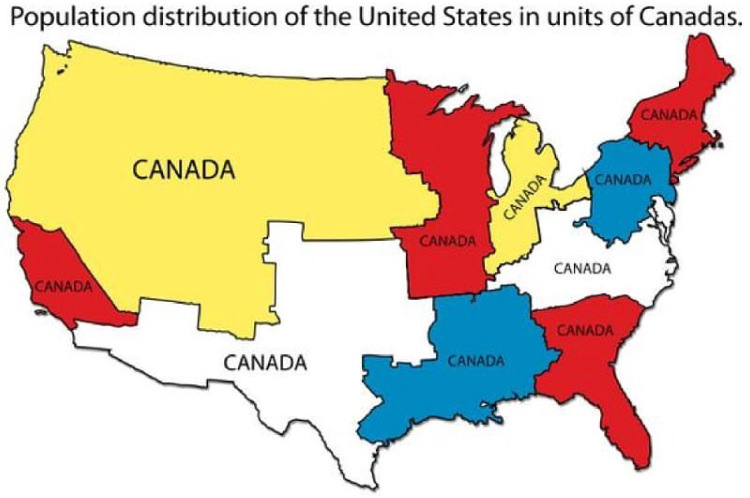 The map breaks the U.S. into
10 chunks, each with populations equal to that of Canada. One basically covers Southern California, another New England,
a third Michigan and Ohio, and so forth.