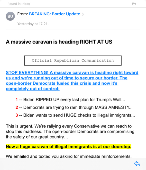 A fundraising email from the RNC, warning that
A CARAVAN OF ILLEGAL IMMIGRANTS IS AT OUR DOORSTEP