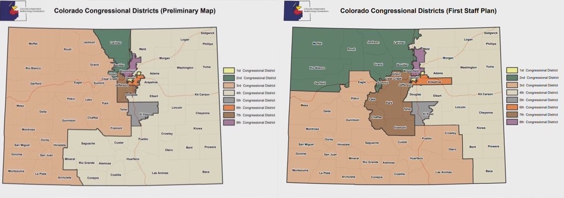 Most districts 
are in or around Denver, and so the map doesn't really show the tweaks that have been made, because you'd need
a zoom. However, CD-2 has grown much larger by area in the new map, to include the northwest corner of the state,
while CD-3 has grown a bit smaller by area; it was going to be most of the western half of Colorado, but is now the
southwest quadrant plus about half of the southeast quadrant.