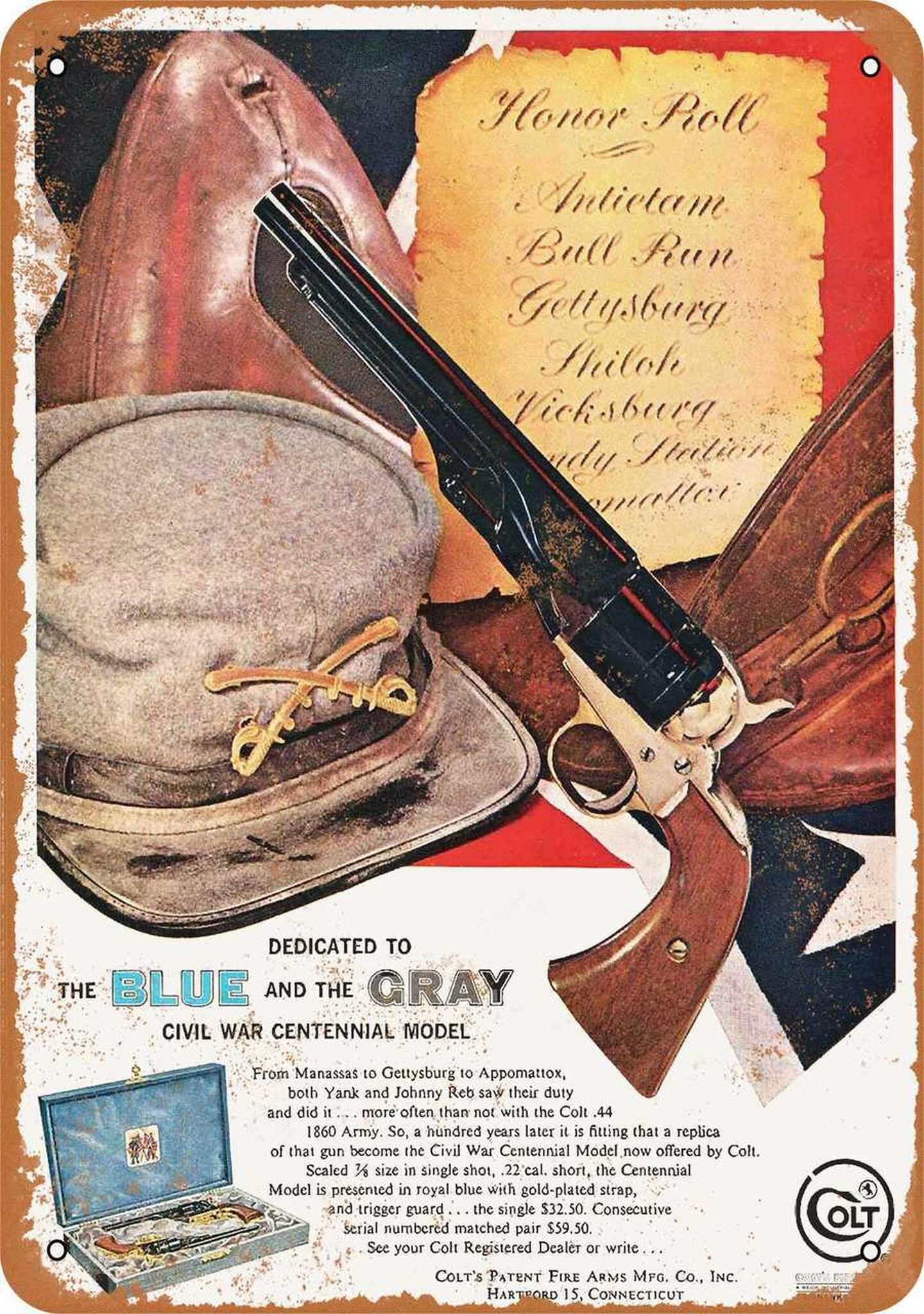 Advertisement for a blue and gray set of commemorative
Colt pistols, which come in a Civil War-decorated box