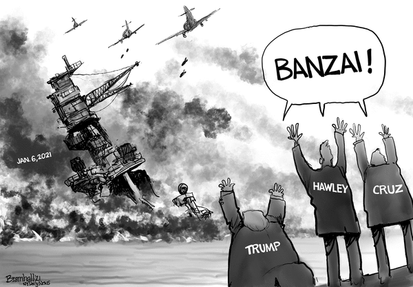 Donald Trump, Josh Hawley, and Ted Cruz cheer on the
bombimg of Pearl Harbor, all three shouting 'Banzai!'