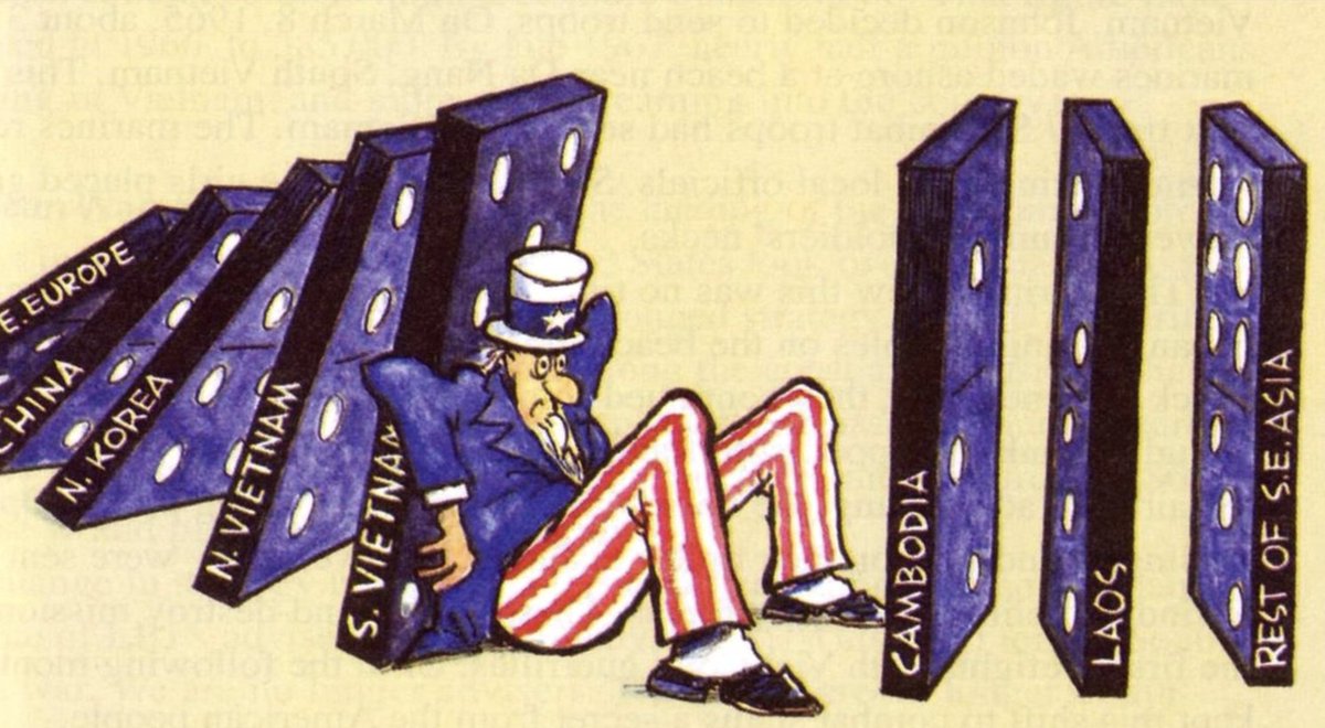 Uncle Sam desperately tries
to hold up a domino labeled 'S. Vietnam,' the dominoes labeled 'Eastern Europe' and 'China' and 'N. Korea' have already
fallen, while the dominoes labeled 'Cambodia,' 'Laos,' and 'S.E. Asia' will be knocked over if the 'S. Vietnam' domino
falls.