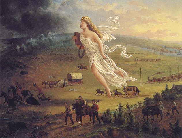 White people, led by an angel,
move westward, bringing railroads, and industry, and telegraph lines, and 'light,' while banishing 'dark' and also
Native Americans.