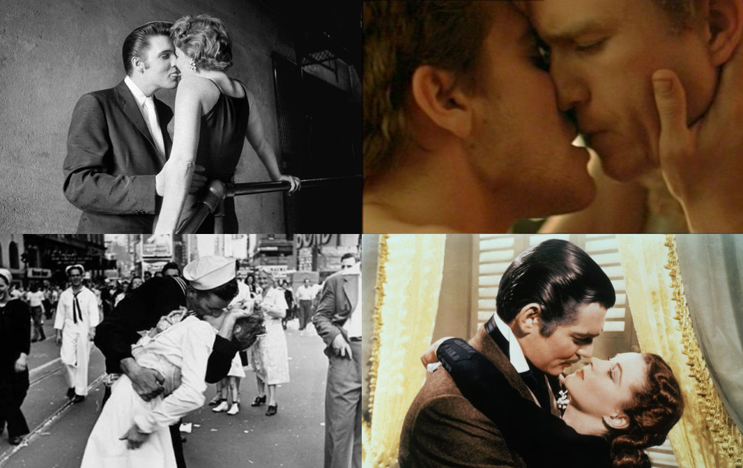 Black and white of Elvis Presley French kissing a woman whose 
face cannot be seen; close-up color picture of Jake Gyllenhaal and Heath Ledger from 'Brokeback Mountain;' black and white of a sailor and a dental
hygienist in Times Square; and color image of Clark Gable and Vivien Leigh in 'Gone with the Wind.'