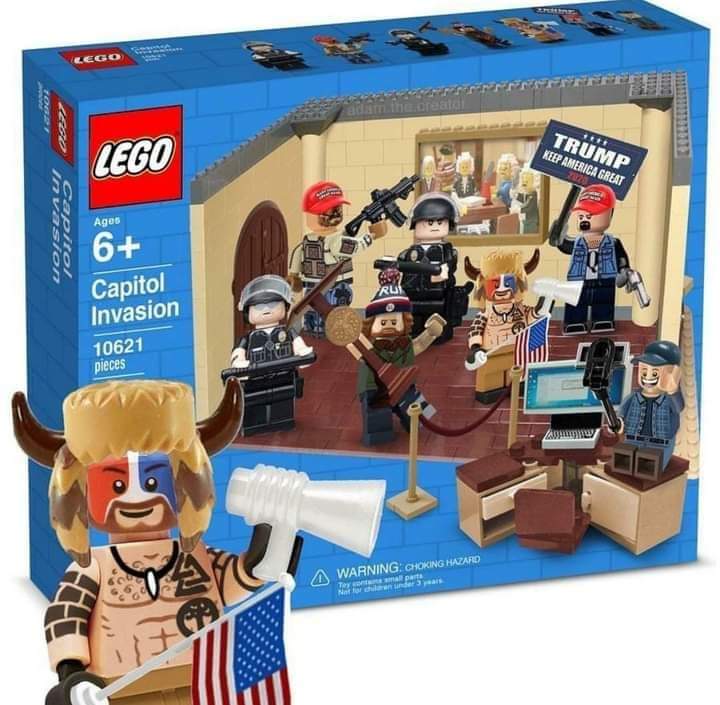 Someone has Photoshopped a LEGO set that 
includes all of the key figures of the insurrection, most obviously the man in the bear fur and viking horn headwear that posed
for pictures on the Speaker's podium