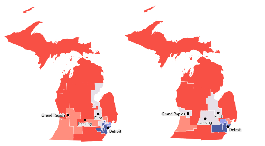 The old map was mostly red,
with a lot of blue around Detroit in the east, and a fairly narrow gray 'swing' area that includes Flint and extends
north of Detroit to Lake Michigan. The new map is also mostly red, but the blue area around Detroit remains, and the
gray area is now a triangle that includes both Flint to the north of Detroit and Lansing to the west. There is also a
new gray area on the western edge of the state that includes Grand Rapids.