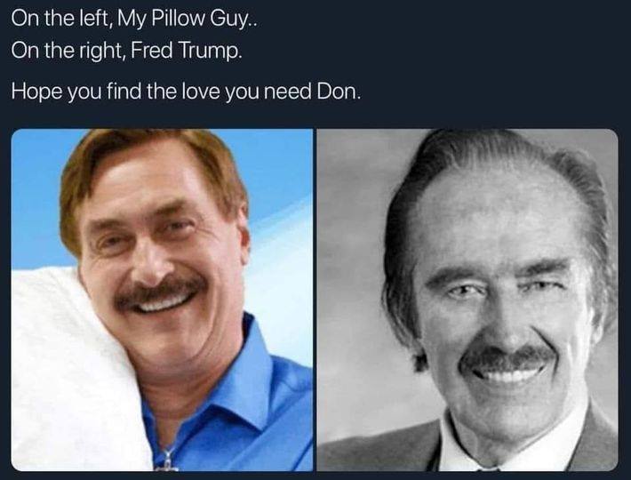 A meme with Fred Trump and 
MyPillow guy Mike Lindell's pictures; they look exactly alike. It says: 'On the left, the MyPillow Guy, on the right,
Fred Trump. Hope you find the love you need, Don.'