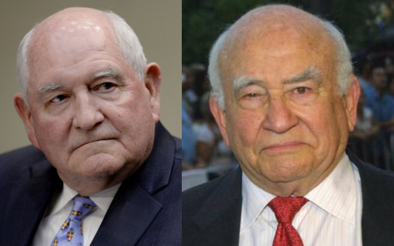 Sonny Perdue on the left, Ed Asner
on the right; both are bald men with very round faces and narrow eyes