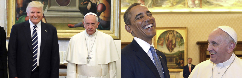 In the left picture, Donald
Trump is smiling and Francis looks like he longs for death; in the right picture, Barack Obama and Francis are laughing 
uproariously.