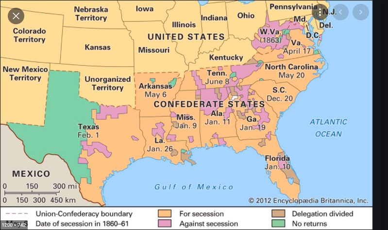 The map shows the Confederate
states; the counties that voted against secession are mostly inland, urban, or located in West Virginia. Probably 35%
of the land in the South was in counties that opposed secession.