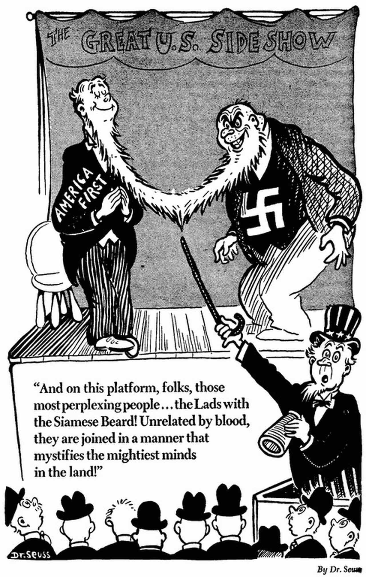 Two white men with long white beards that
are entirely intertwined; one has a shirt with the Nazi swastika and the other wears a jacket that reads 'America First' while
Uncle Sam looks at them with a horrified expression on his face