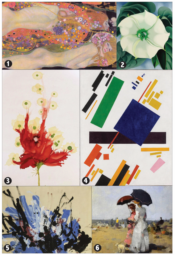 Painting 1 shows two women who
look to be floating horizontally, with long hair decorated with lots of small flowers; painting 2 shows a single white
flower and its leaves, it looks like a pansy or a nasturtium; painting 3 is also a flower, but is a bit more abstract,
it shows the stem, and a splash of red that looks like a rose that has been driven over by a car along with a dozen or
so white splashes with green centers; painting 4 is a collection of two dozen rectangles and squares and trapezoids of
various sizes and colors, most are set at about a 60-degree angle; painting 5 is an abstract melange of paint splashes,
mostly white, black, and periwinkle, with a bit of red; painting 6 has an impressionist appearance, and shows two women
in Victorian clothing and holding umbrellas to protect themselves from the sun; it's somewhat reminiscent of 'A Sunday
Afternoon on the Island of La Grande Jatte' by Georges Surrat.