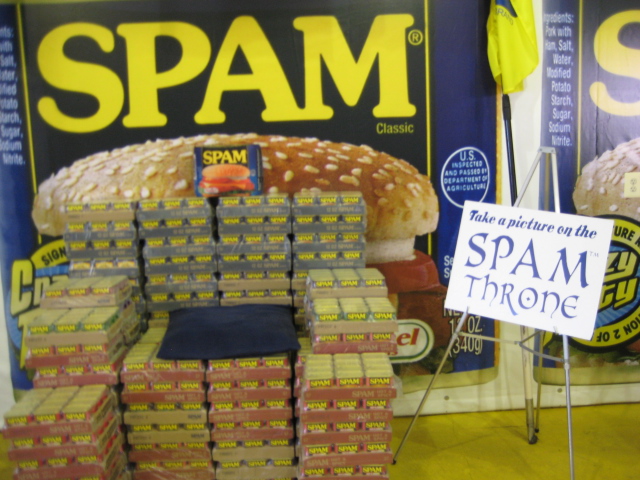 A throne-shaped seating area made of cans of
spam