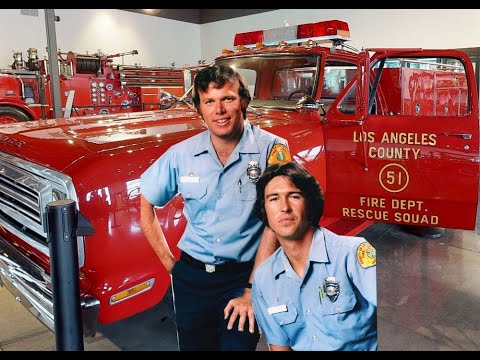 The fire engine and main characters from the
show 'Emergency!' The fire engine has 'squad 51' painted on it.
