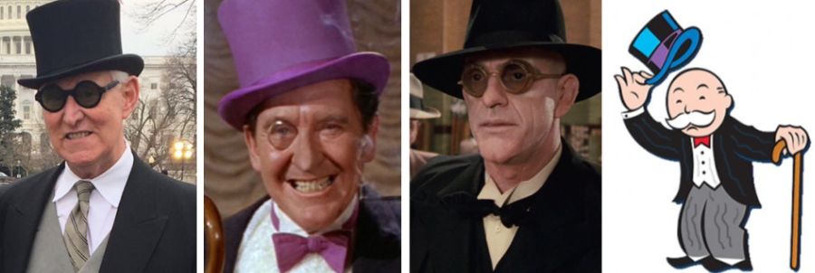 Roger Stone, Burgess Meredith as 
The Penguin, Christopher Lloyd as Judge Doom, and Mr. Monopoly