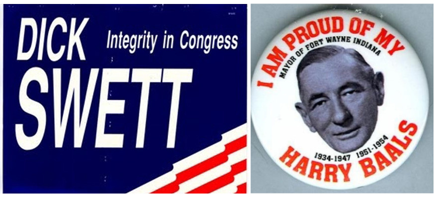 A poster for Dick Swett and a campaign button for Harry Baals
