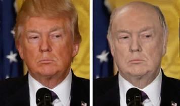 Trump with a bald head
and normal skin color; he definitely looks better