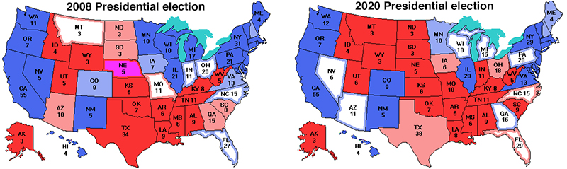 2008 and 2020 presidential results