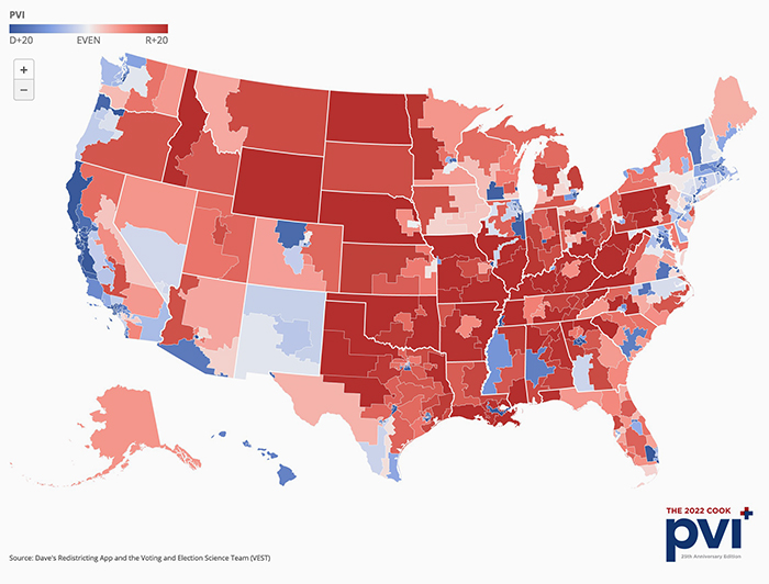 2022 PVIs expressed in shades of red
and blue; as is the case these days, the map is mostly red due to Democrats being mostly packed into cities