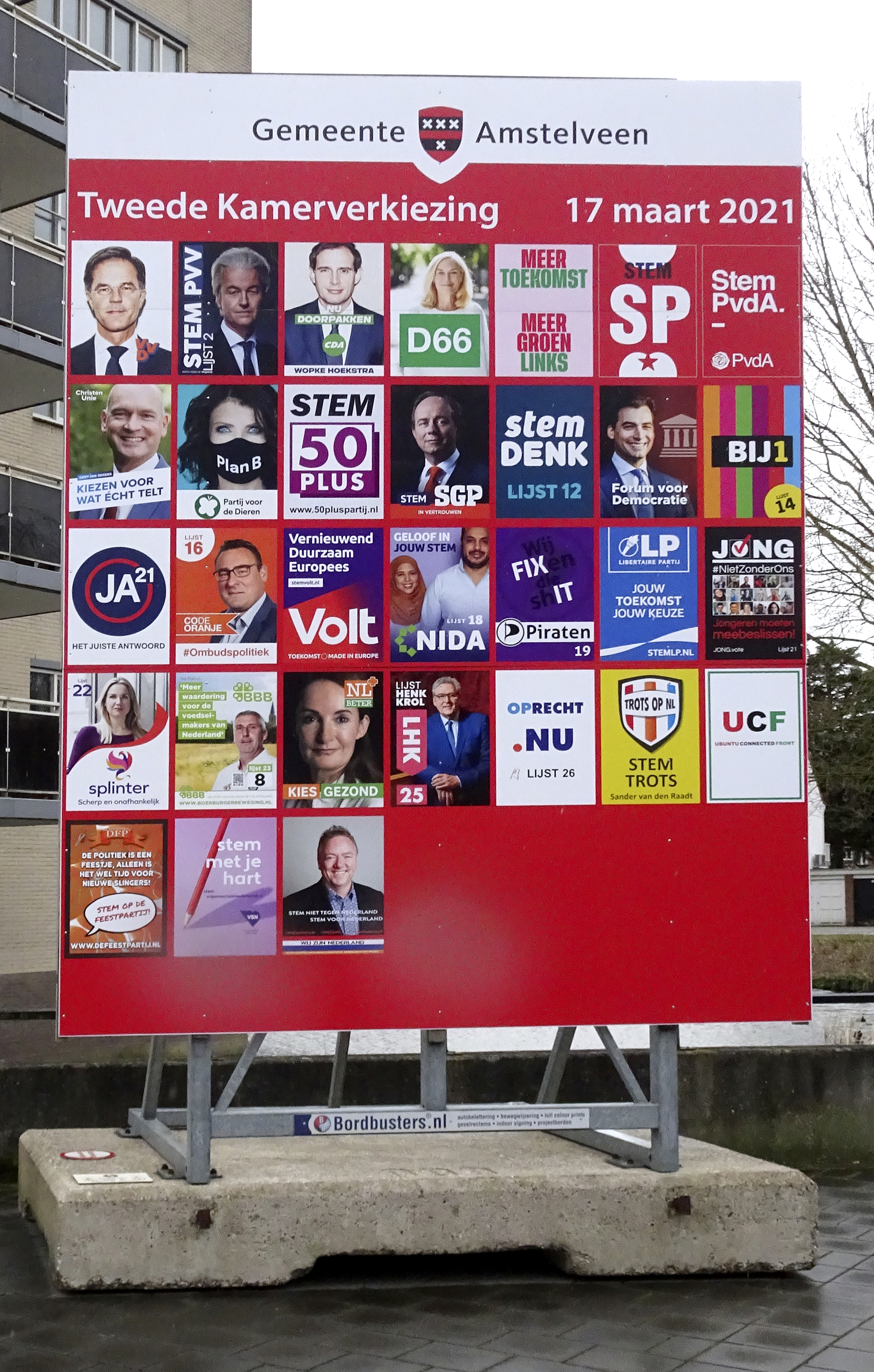 Election billboard in the Netherlands, made up
of 31 placards bearing various parties' logos