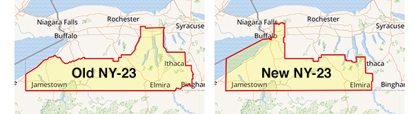 Old and new NY-23 boundaries, 
it's a long and narrow rectangle with a triangle on top; the triangle has moved from the east end and is now on the west end