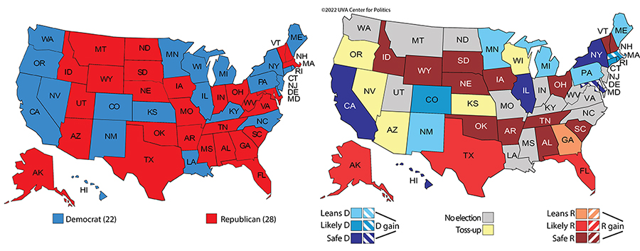 Maps for governors races; 
there are currently 22 Democrats and 28 Republicans. The predictive map suggests that there are 14 seats that are basically safe for
the Democrats and 16 that are basically safe for the Republicans. Georgia is the only state that merely 'leans' in one direction or
the other; it leans Republican. There are also five toss-ups--Arizona, Nevada, Oregon, Kansas and Wisconsin.