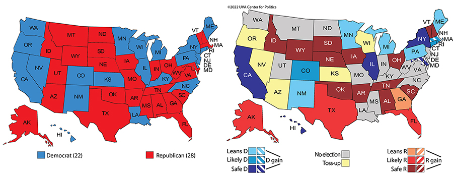 Maps for governors races;
there are currently 22 Democrats and 28 Republicans. The predictive map suggests that there are 14 seats that are basically safe for
the Democrats and 16 that are basically safe for the Republicans. Georgia is the only state that merely 'leans' in one direction or
the other; it leans Republican. There are also five toss-ups--Arizona, Nevada, Oregon, Kansas and Wisconsin.