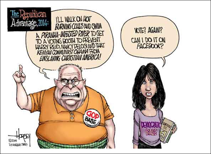 David Horsey cartoon, a redneck Republican
is observing that he'll do whatever it takes to vote, whereas a ditzy Democrat is saying 'Vote Again? Can't I do it on Facebook?'