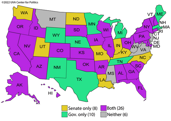 Map showing states with Senate and gubernatorial races;
6 have neither, 8 are Senate-only, 10 are governor-only, and 26 have both.