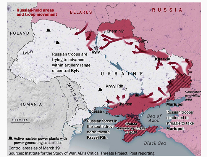 Map of Ukraine showing Russian control; the Russians
have nibbled off territory in the northeast, east, and southeast, including some additional territory in Crimea. However, about 90% of the country is 
still in Ukrainian control.