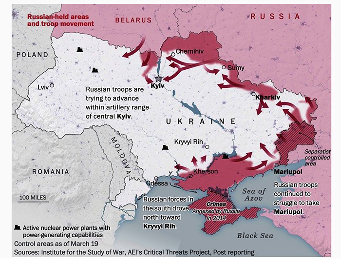 Map of Ukraine showing Russian control; the Russians
have nibbled off territory in the northeast, east, and southeast, including some additional territory in Crimea. However, about 90% of the country is
still in Ukrainian control.