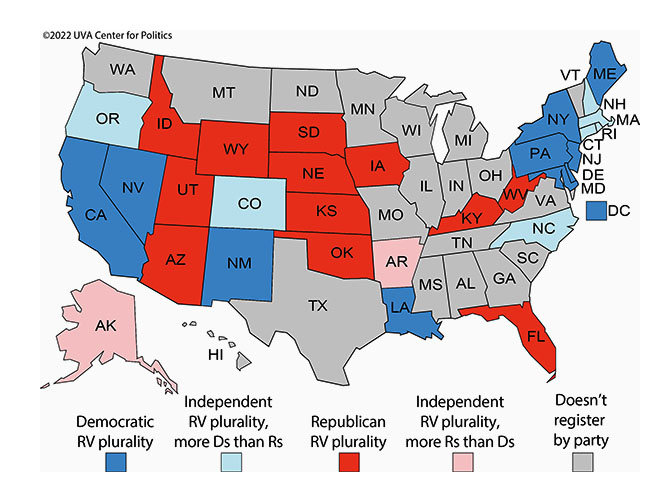 Map_of_states_by_registration.
California, Nevada, New Mexico, Louisiana, DC, Maryland, Delaware, Pennsylvania, New Jersey, New York, and Maine have a
plurality of Democrats. Idaho, Utah, Arizona, Wyoming, South Dakota, Nebraska, Kansas, Oklahoma, Iowa, Kentucky,
Florida, and West Virginia have a plurality of Republicans. Arkansas has a plurality of independents, and more
Republicans than Democrats. North Carolina, New Hampshire, Rhode Island, Connecticut and Massachusetts have a plurality
of independents, and more Democrats than Republicans. All the other states don't register by party. No state has an
outright majority for one party or the other.