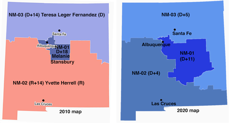 New Mexico map after 2020 redistricting; there used
to be a safe Republican district and two safe Democratic districts, now there is one safe Democratic district and two that lean Democratic