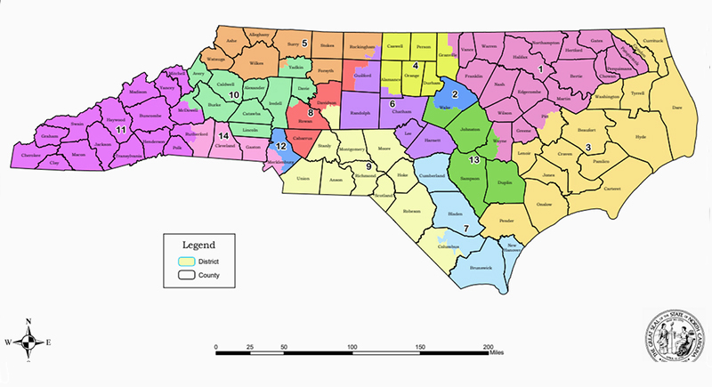 New North Carolina map; because it's a
fairly large state, there are no districts that look gerrymandered at a glance, though the new NC-08 comes close to looking like that,
as it is narrow and winds and wends through four counties
