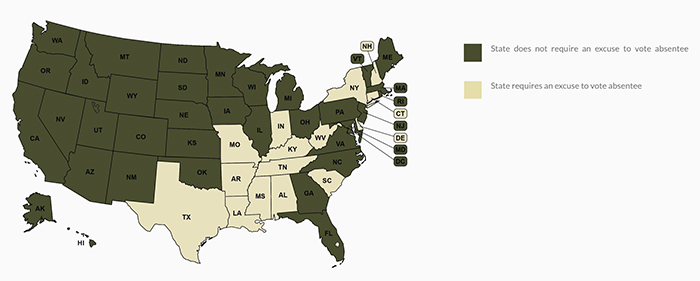 States with no-excuse absentee voting.
Per the map, all the Southern or semi-Southern states, except for Kansas, Oklahoma, Virginia, Morth Carolina, Georgia, and Florida
require some reason to vote absentee, as do Delware, Connecticut, Indiana, New York and New Hampshire.