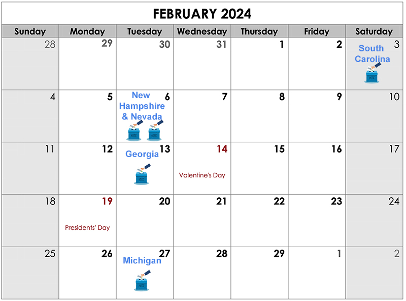 Proposed Democratic primary schedule;
it has South Carolina on Saturday February 3, then New Hampshire and Nevada on Tuesday February 6, then Georgia on Tuesday February 13,
then Michigan on Tuesday February 27.
