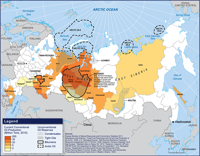 Map of Russian oil fields, they are all in eastern
Siberia, western Siberia, or the far southwest