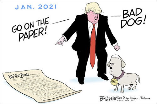 Donald Trump orders a dog 
who looks like Mike Pence to go potty on the paper, and the paper happens to be the Constitution