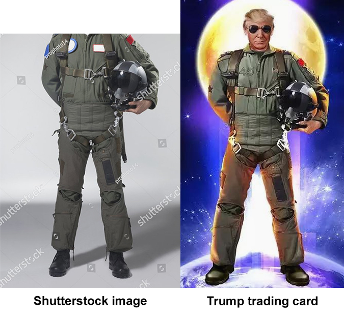 Trump trading card of him as an Air Force pilot and base image of an Air Force pilot's suit'