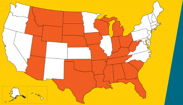 It's all the states except the
five Pacific states, the states of the eastern seaboard from North Carolina northward, Nevada, Illinois, Minnesota,
Kansas, New Mexico, and Colorado.