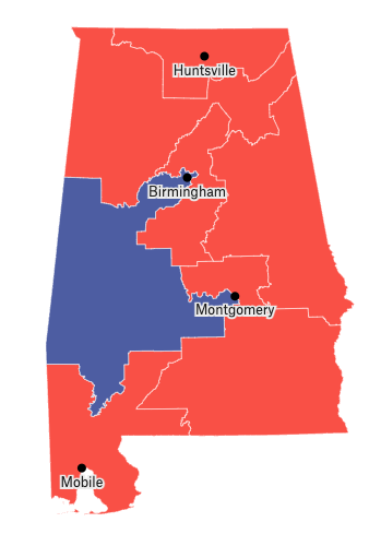 The map has just one blue district, with a shape
that looks like the right half of a squirrel that has been run over by a car.