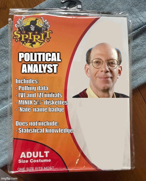 It's one of those costume-in-a-bag
setups you buy at stores, labeled 'Political Analyst.' It has a picture of the Votemaster, and says it includes polling data,
(V) and (Z) initials, MINIX diskettes, and a 'Nate' name badge.