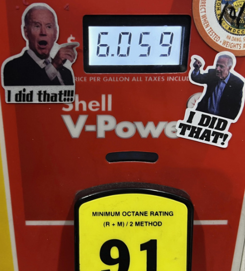Stickers that have Joe Biden
pointing at the price per gallon of gas, with the caption 'I Did That!'