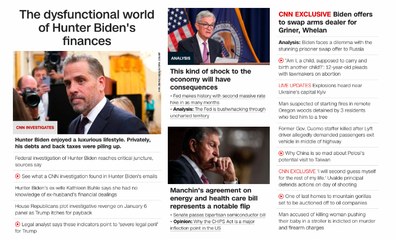 There are six stories about Hunter Biden,
including the 1A story, while the Manchin-Schumer bill gets one small notice at the bottom of the page