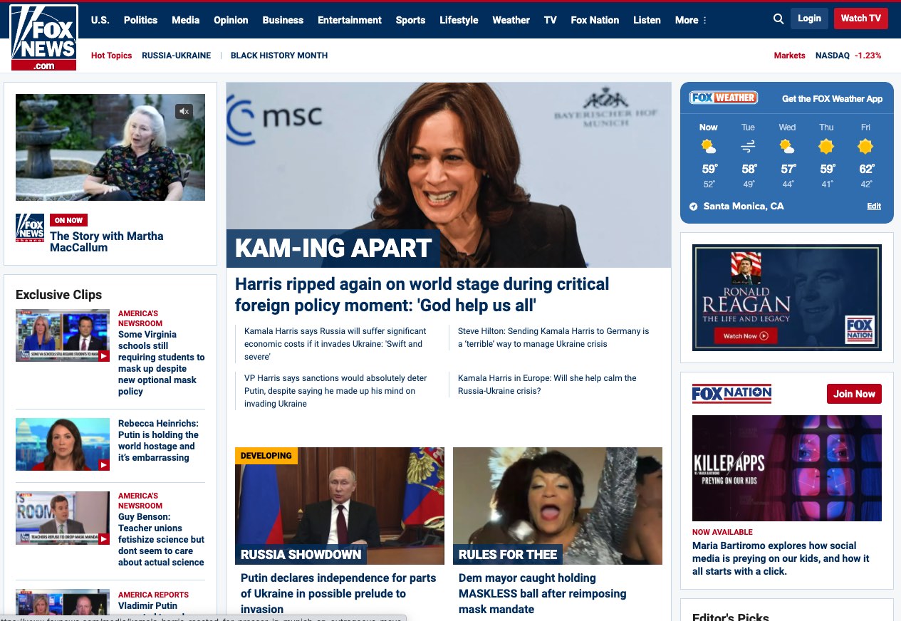 The lead story, in giant type, is about how Kamala
Harris is falling apart; below that in much smaller type are stories about Russia and a Democratic mayor who did not wear her mask in public.