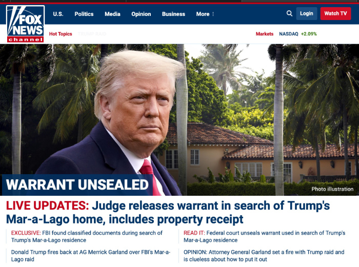 Fox's lead headline is 'Judge releases warrant in search of Trump's Mar-a-Lago Home