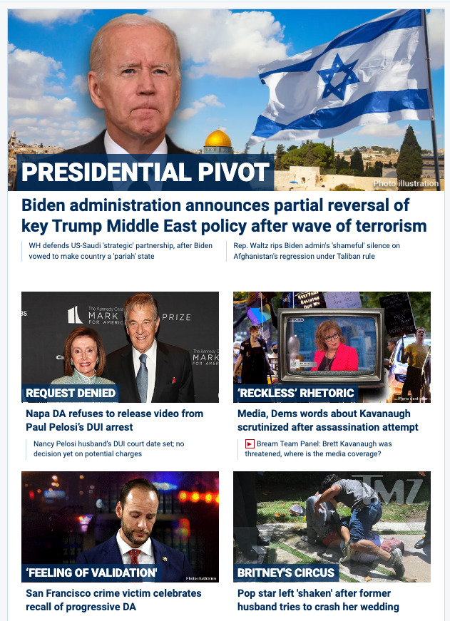 The headlines are:
PRESIDENTIAL PIVOT: Biden administration announces partial reversal of key Trump Middle East policy after wave of terrorism;
REQUEST DENIED: Napa DA refuses to release video from Paul Pelosi's DUI arrest;
'RECKLESS' RHETORIC: Media, Dems words about Kavanaugh scrutinized after assassination attempt;
'FEELING OF VALIDATION': San Francisco crime victim celebrates recall of progressive DA; and
BRITNEY'S CIRCUS: Pop star left 'shaken' after former husband tries to crash her wedding