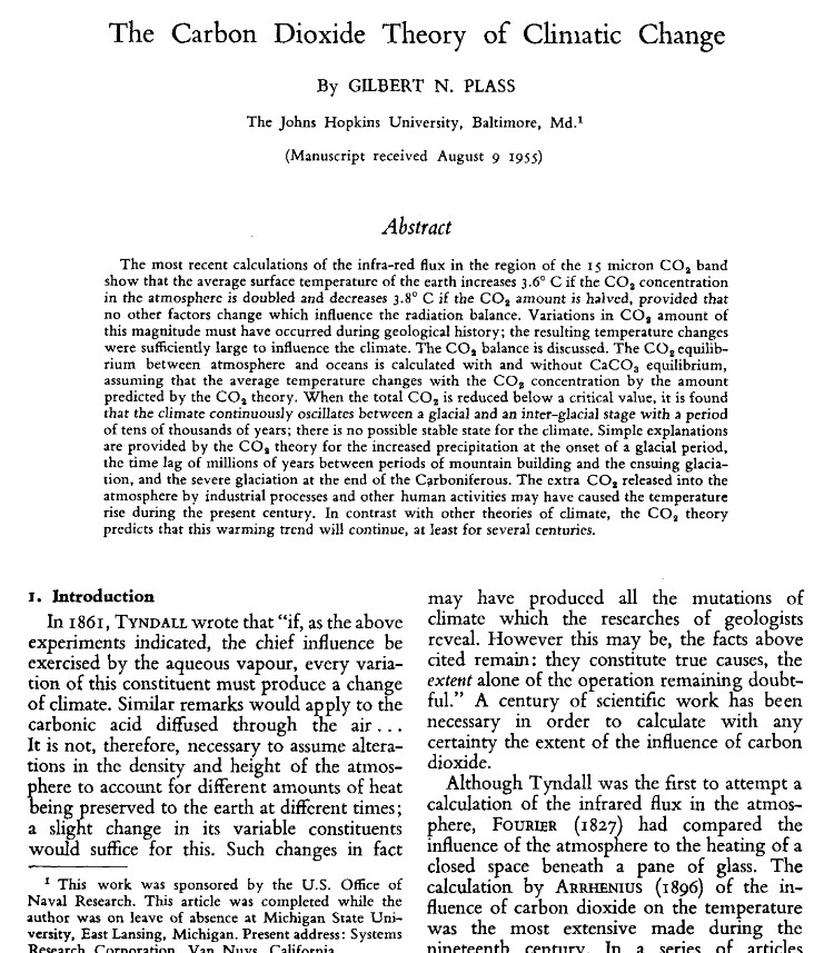 A journal article from
the 1950s warning that excess carbon dioxide in the atmosphere was causing climate change