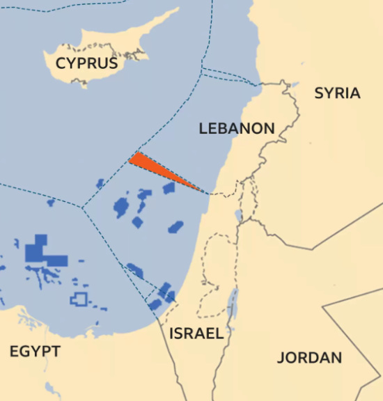 The triangle begins at
the border of Israel and Lebanon, and runs about 100 miles east, expanding to about 10 miles wide at its farthest point.