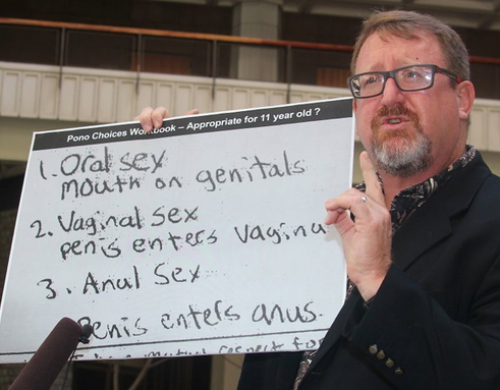 McDermott holding a sign 
that spells out that 'oral sex' means 'mouth on genitals,' 'vaginal sex' means 'penis enters vagina' and 'anal sex'
means 'penis enters anus'.